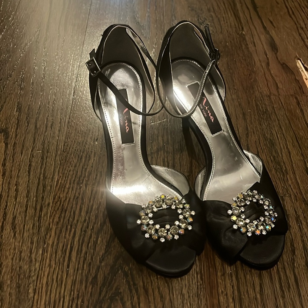 Nina New York Satin Heels with Gemmed Bow